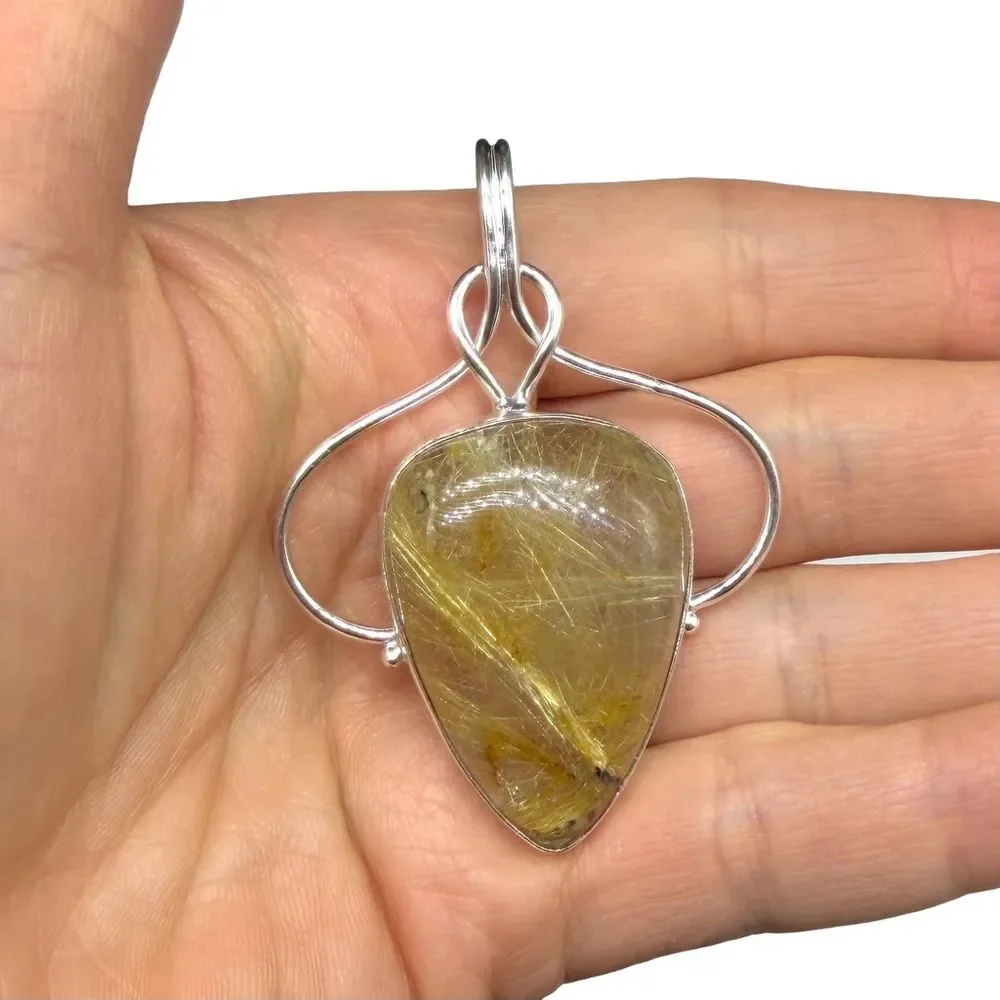 Golden Rutilated Quartz Necklace Pendant Solid 925 Sterling Silver Gold Rutile